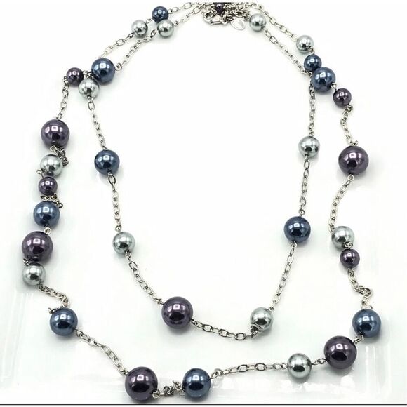 Lia Sophia "Pearl Jam" Double Strands Silver Tone Pearl Long Necklace Trendy - Picture 2 of 9